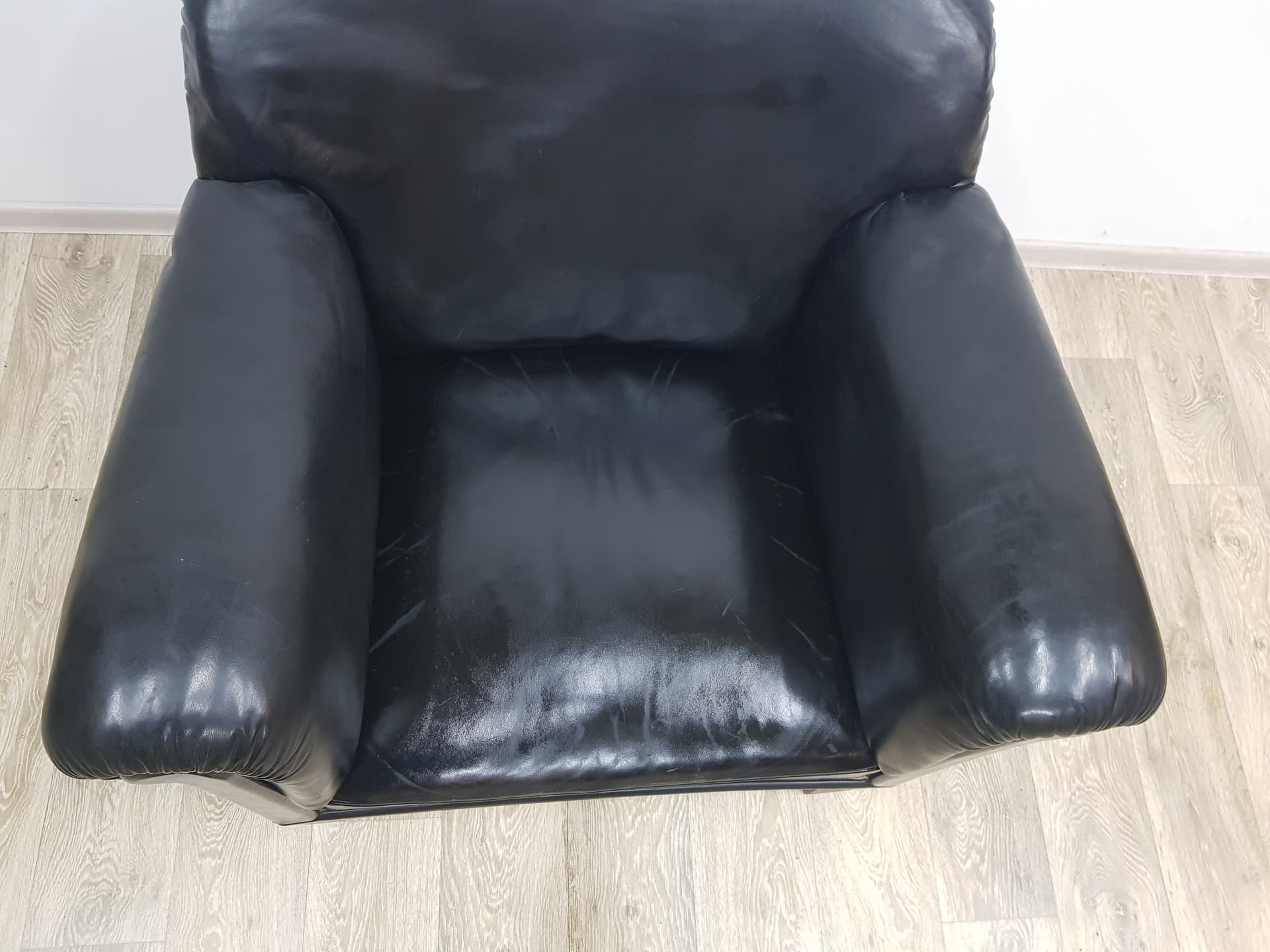 Art Deco club chair, black leather, brown wood, vintage, Austria - 350512