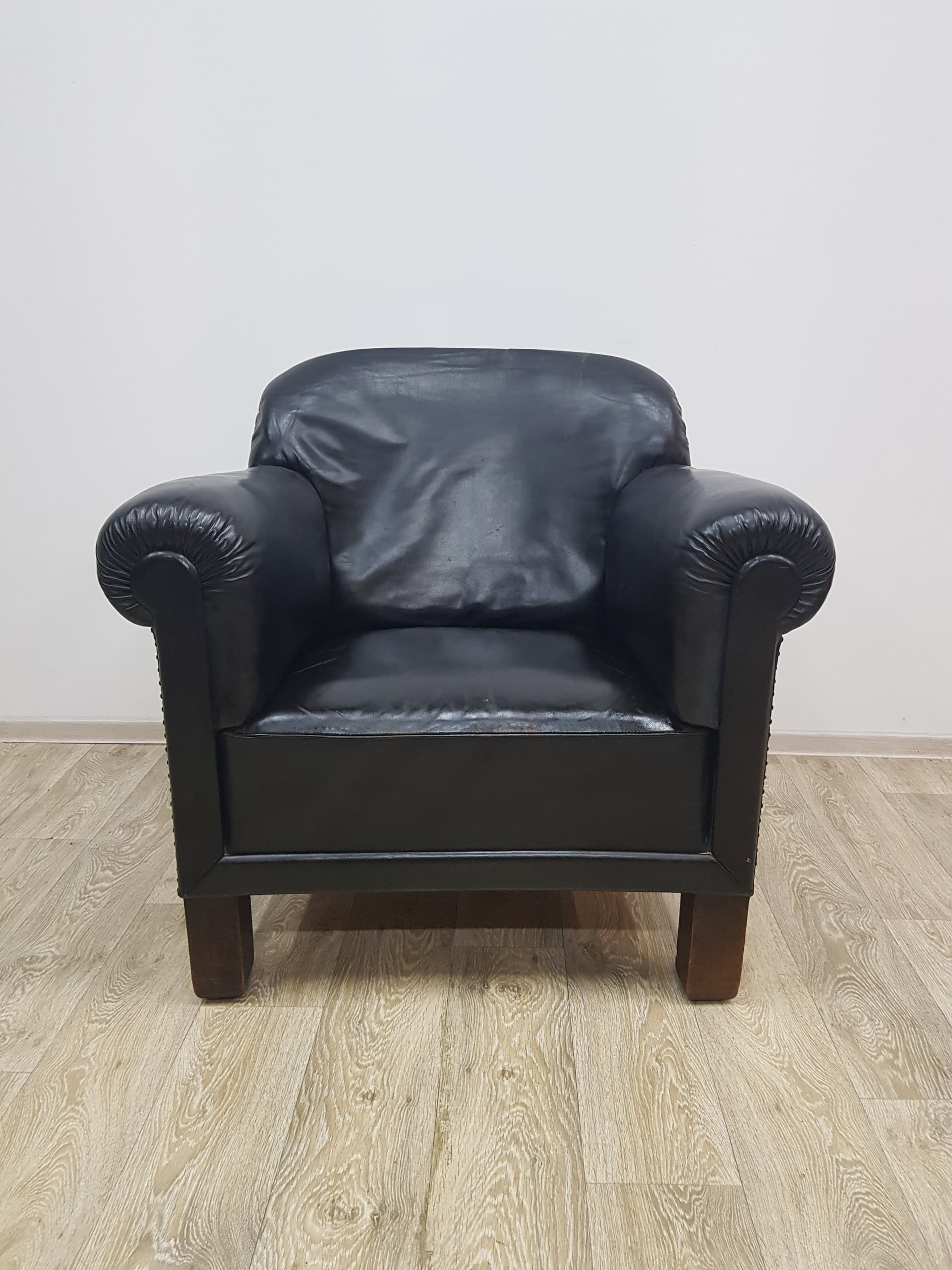 Art Deco club chair, black leather, brown wood, vintage, Austria - 350519
