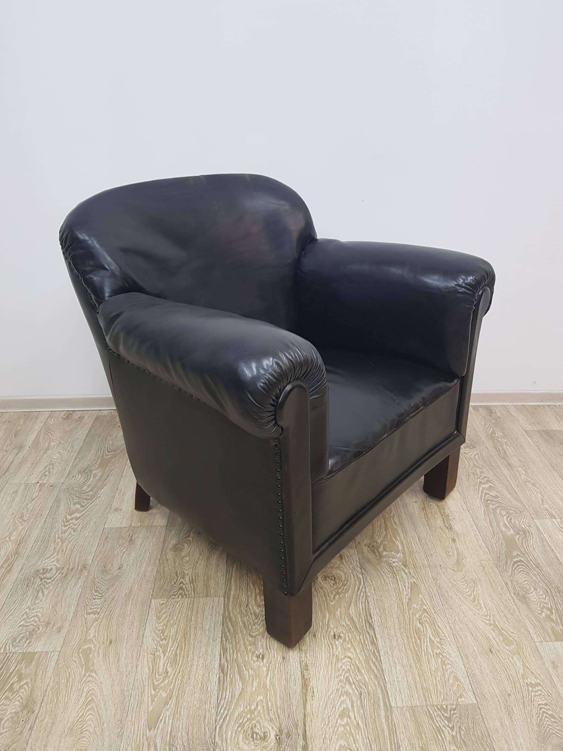Art Deco club chair, black leather, brown wood, vintage, Austria - 350515