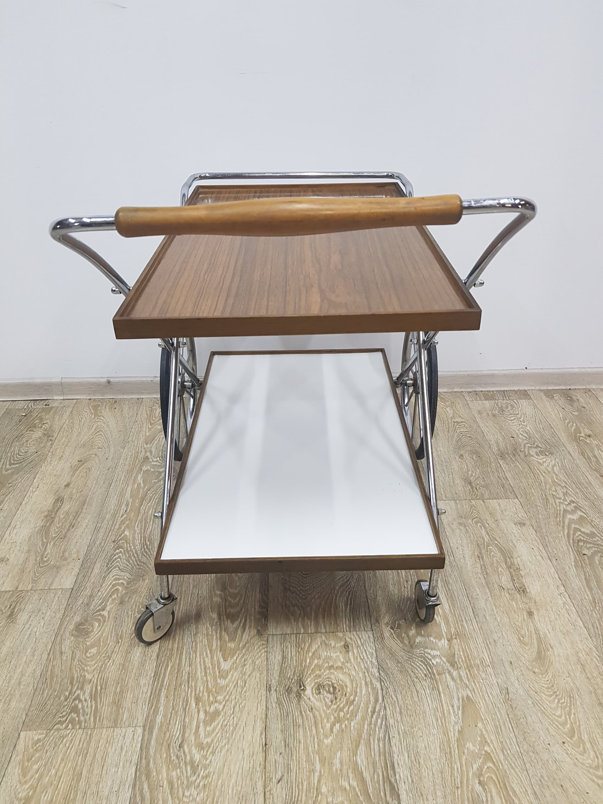 Bar cart Ilse, brown wood, chrome metal, 1960s - 350545