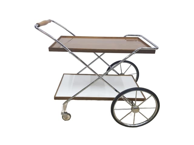 Bar cart Ilse, brown wood, chrome metal, 1960s - DIMENSION