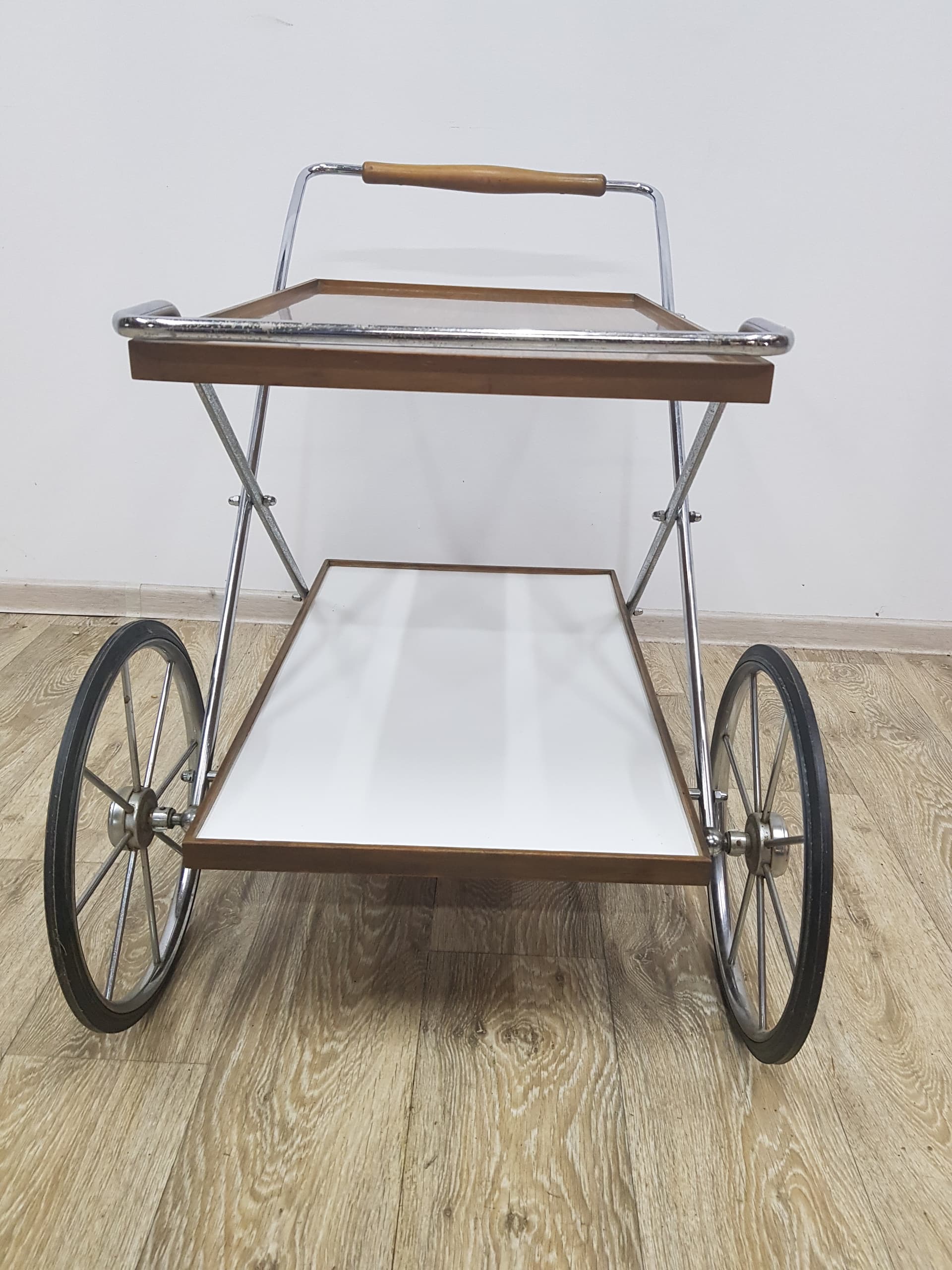 Bar cart Ilse, brown wood, chrome metal, 1960s - 350547