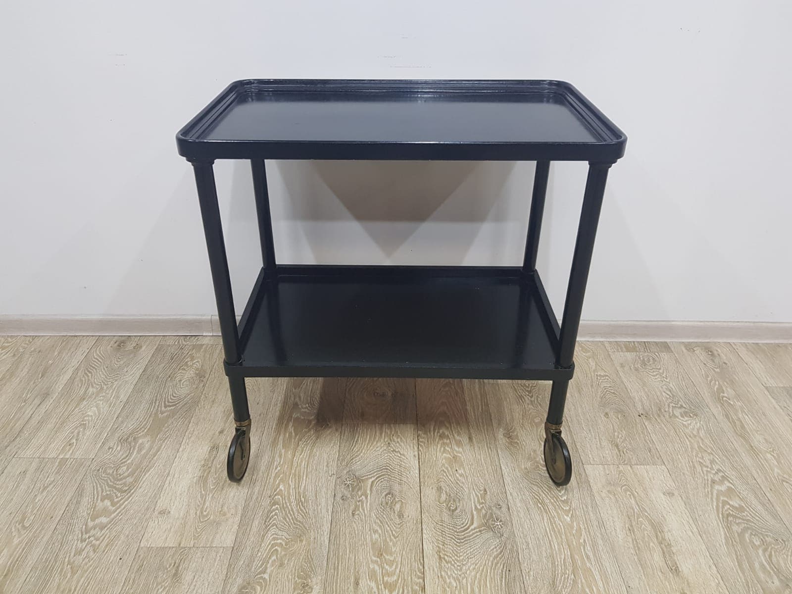 Bar cart, vintage Austria 1930s, black wood, gold metal - 350552