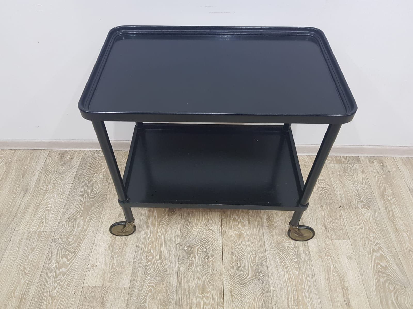 Bar cart, vintage Austria 1930s, black wood, gold metal - 350554