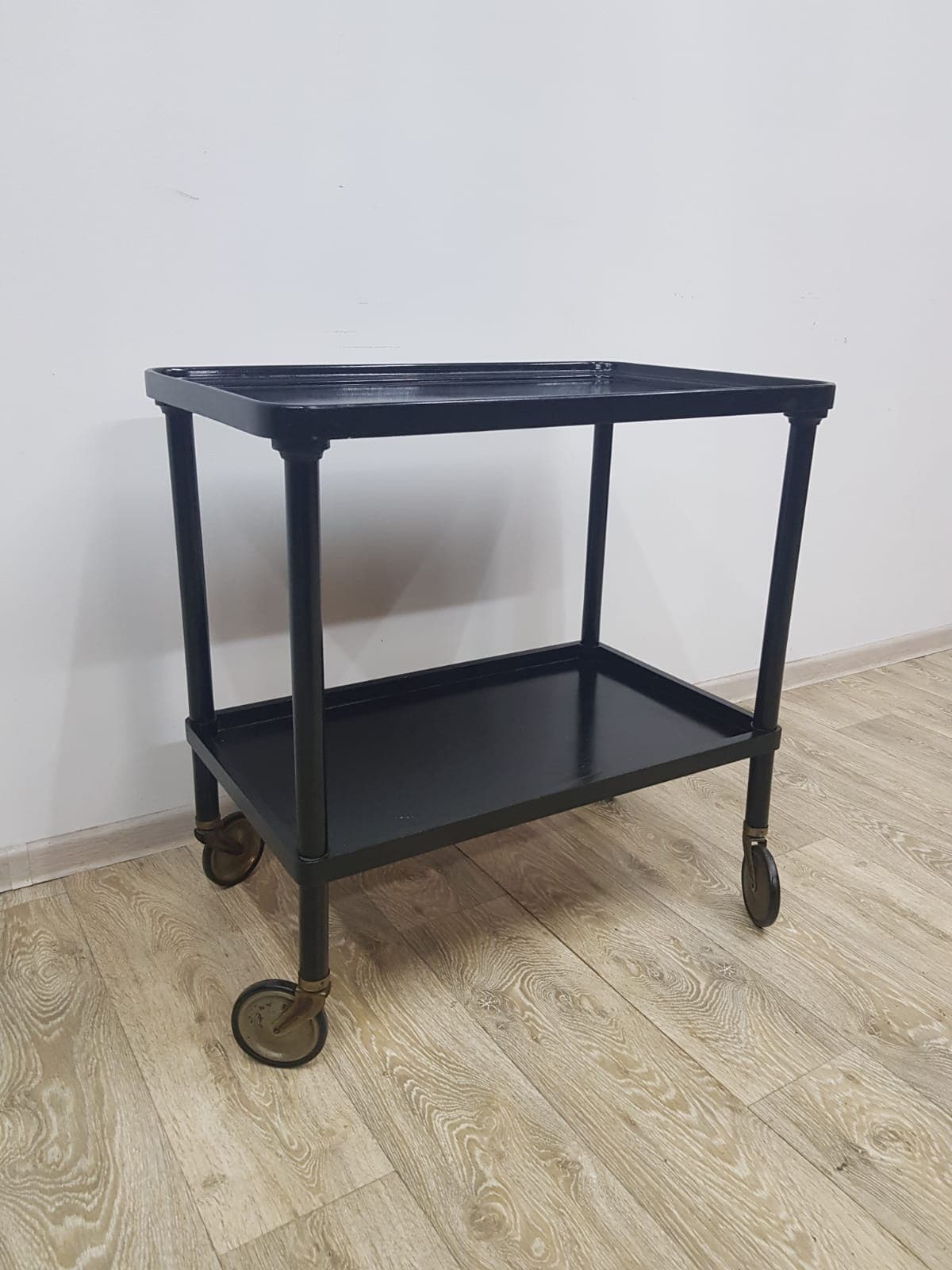 Bar cart, vintage Austria 1930s, black wood, gold metal - 350548