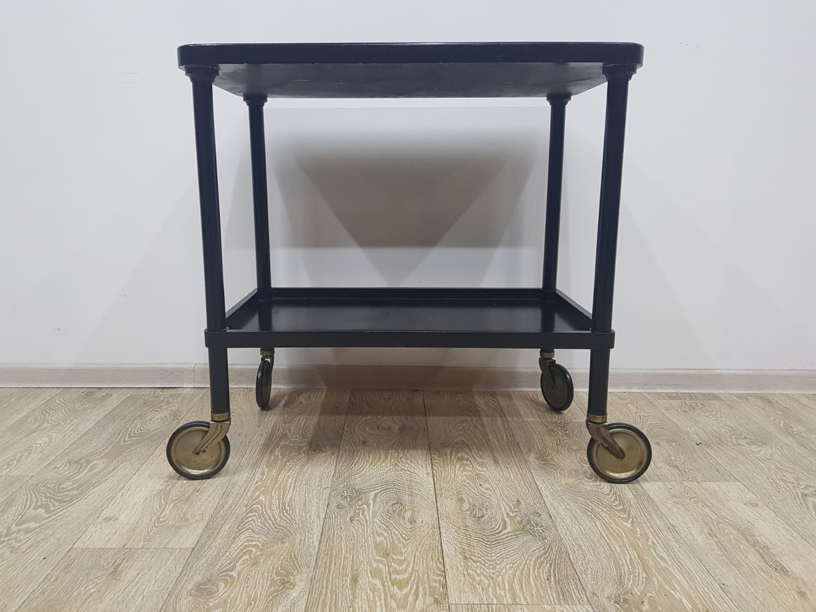 Bar cart, vintage Austria 1930s, black wood, gold metal - 350551
