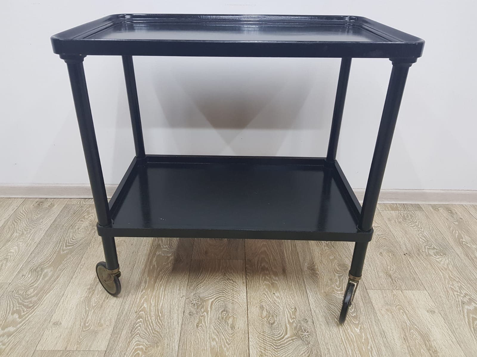 Bar cart, vintage Austria 1930s, black wood, gold metal - 350557