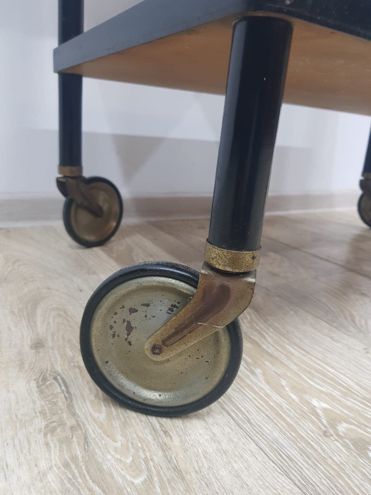 Bar cart, vintage Austria 1930s, black wood, gold metal - 350556
