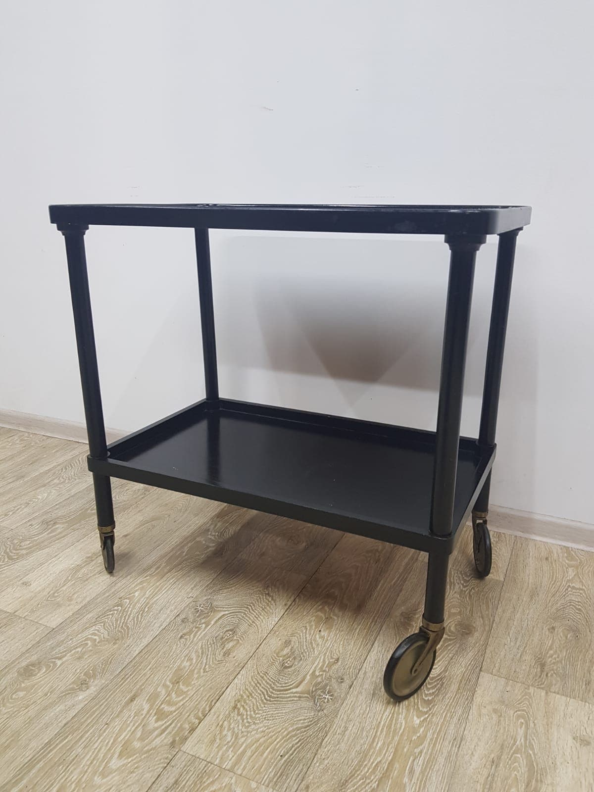 Bar cart, vintage Austria 1930s, black wood, gold metal - 350549