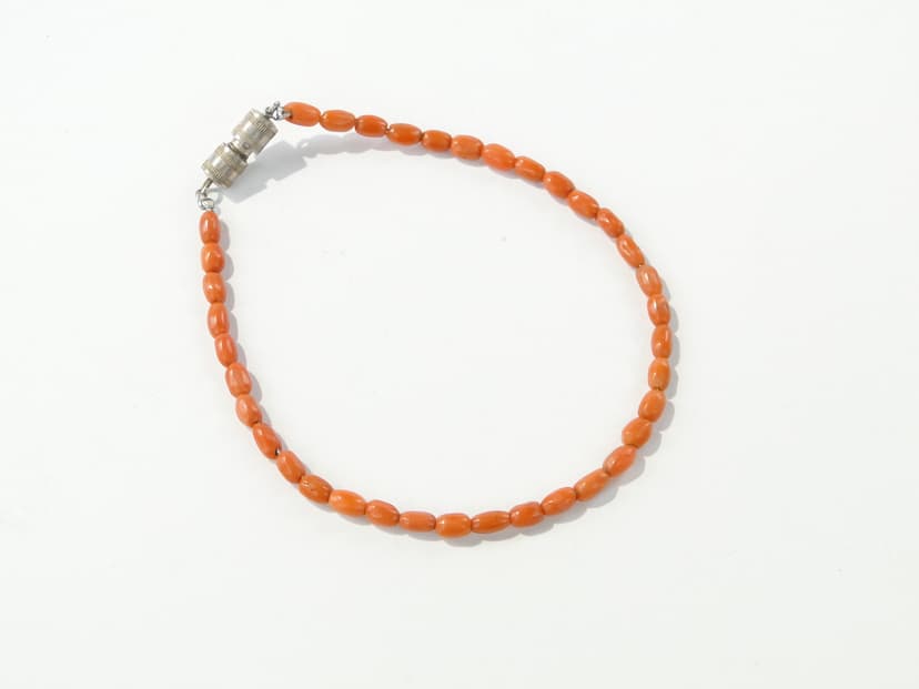 Bracelet, red natural coral, silver metal, vintage, 1950s