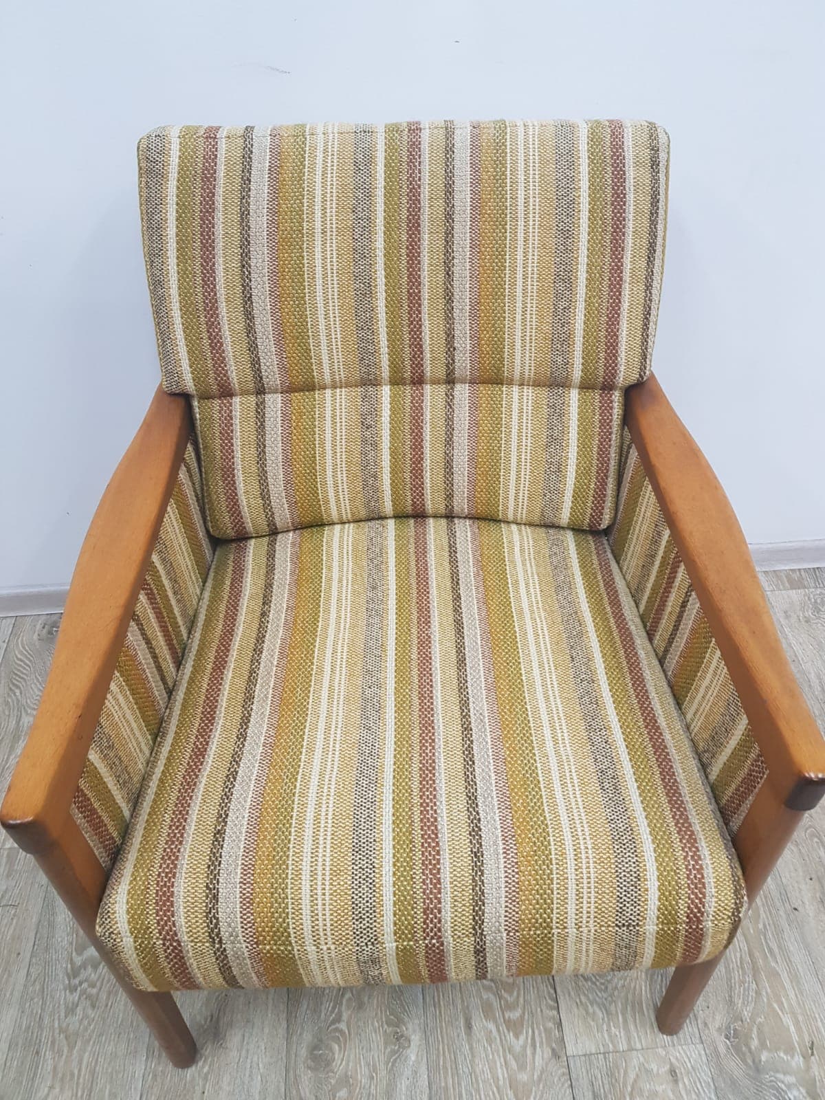 Armchair Casala, fabric stripes mustard yellow green beige brown, wood brown, Casala - 350669