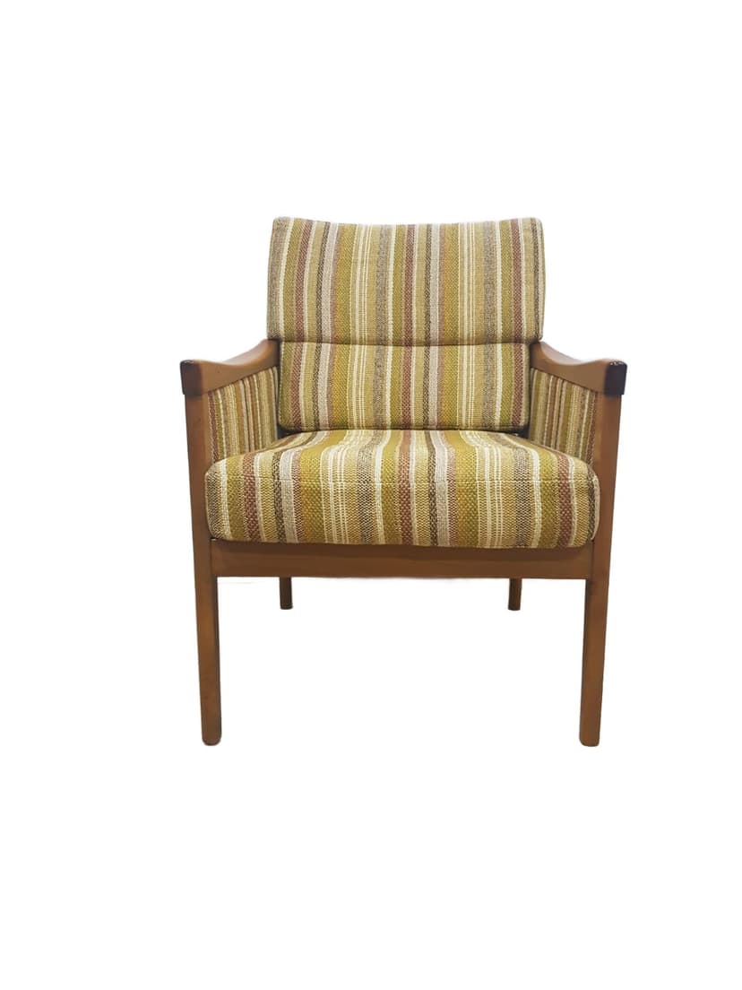 Armchair Casala, fabric stripes mustard yellow green beige brown, wood brown, Casala