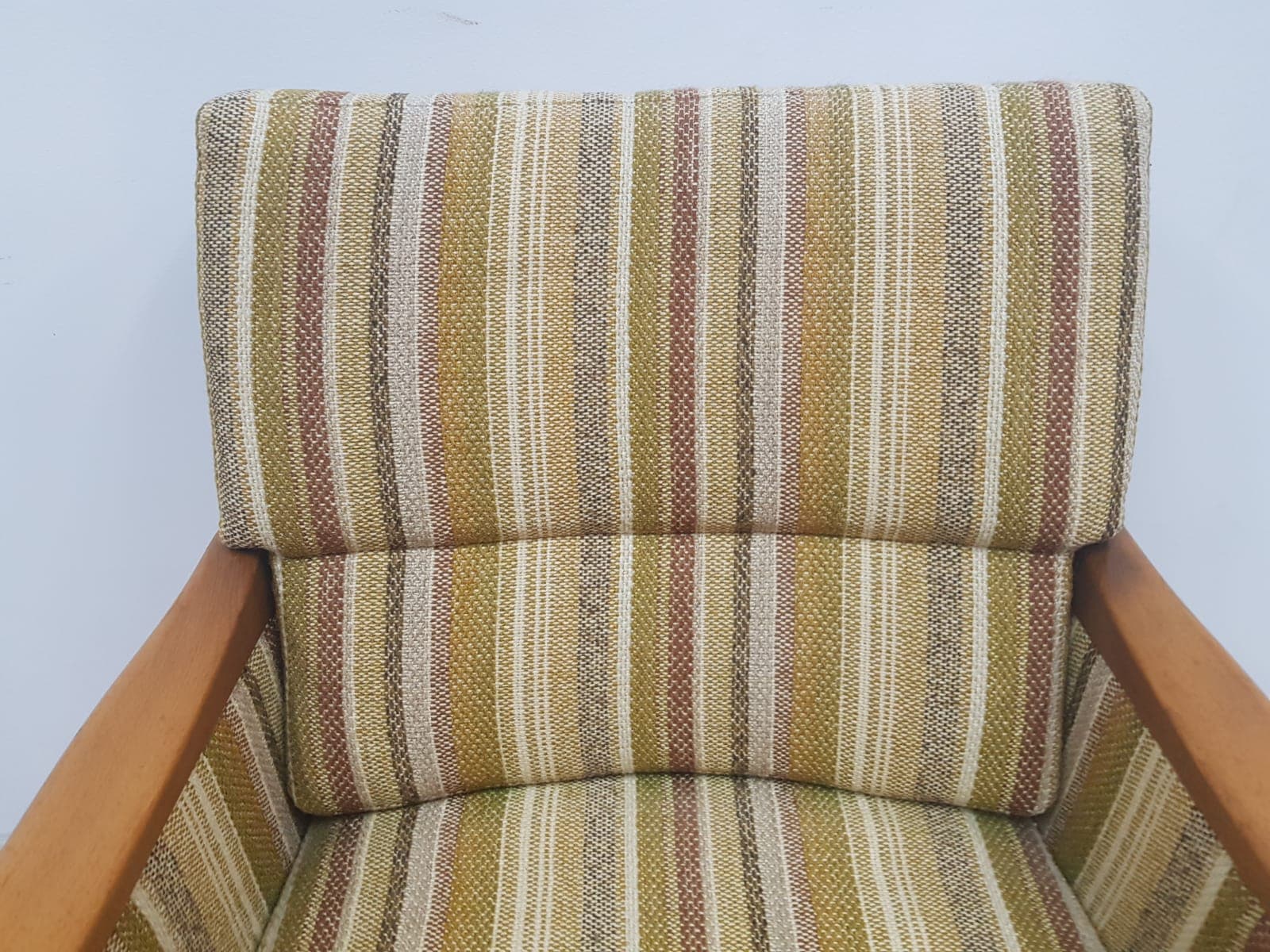 Armchair Casala, fabric stripes mustard yellow green beige brown, wood brown, Casala - 350667