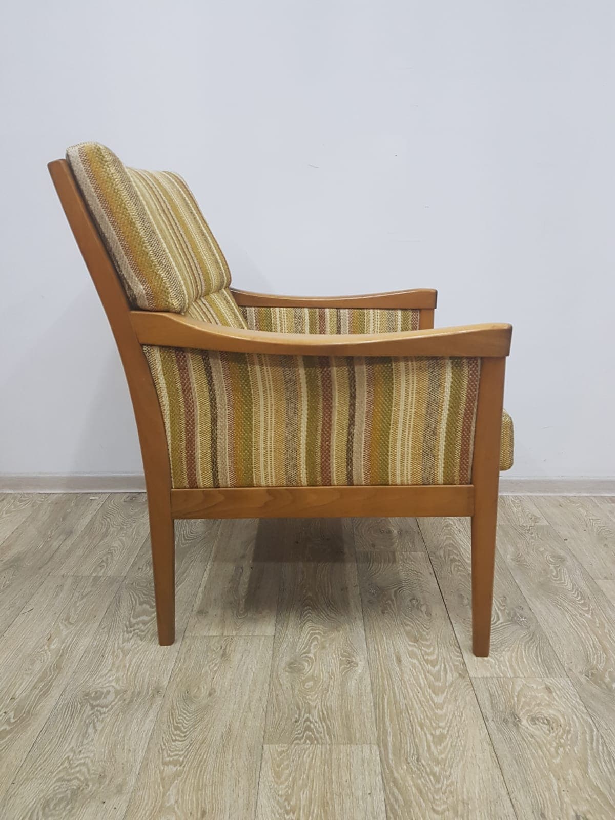 Armchair Casala, fabric stripes mustard yellow green beige brown, wood brown, Casala - 350672