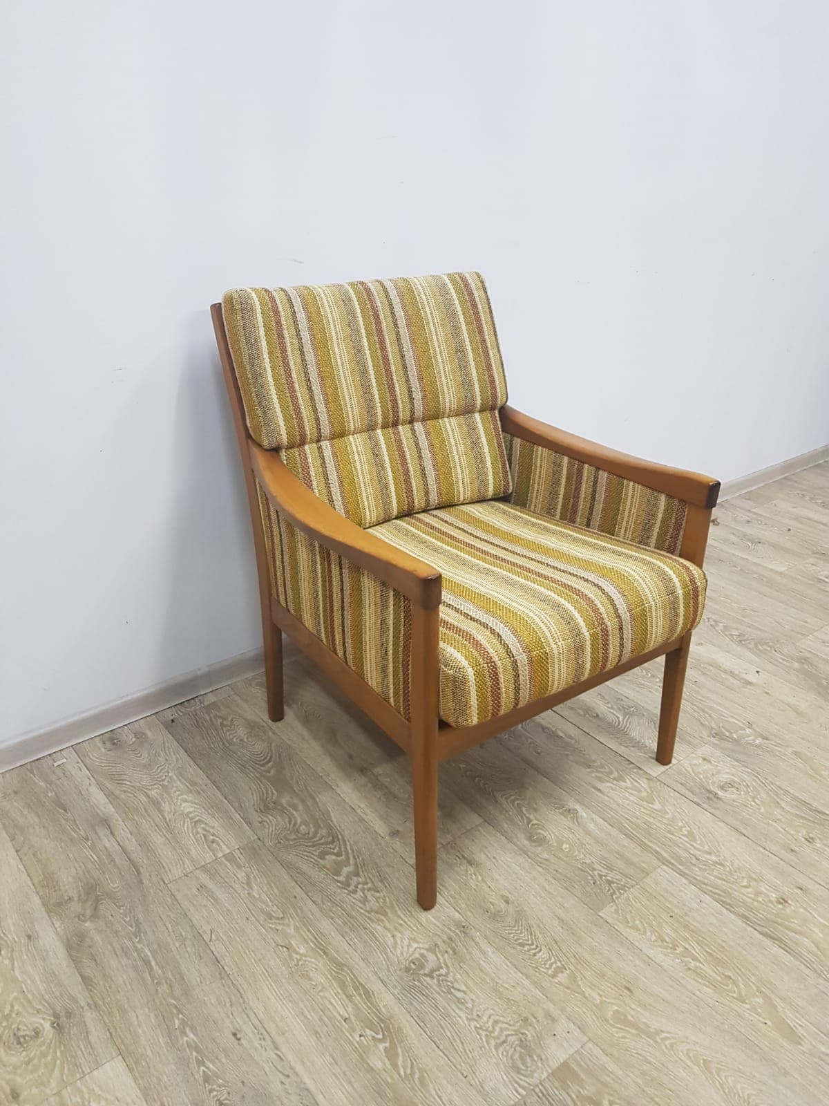 Armchair Casala, fabric stripes mustard yellow green beige brown, wood brown, Casala - 350671