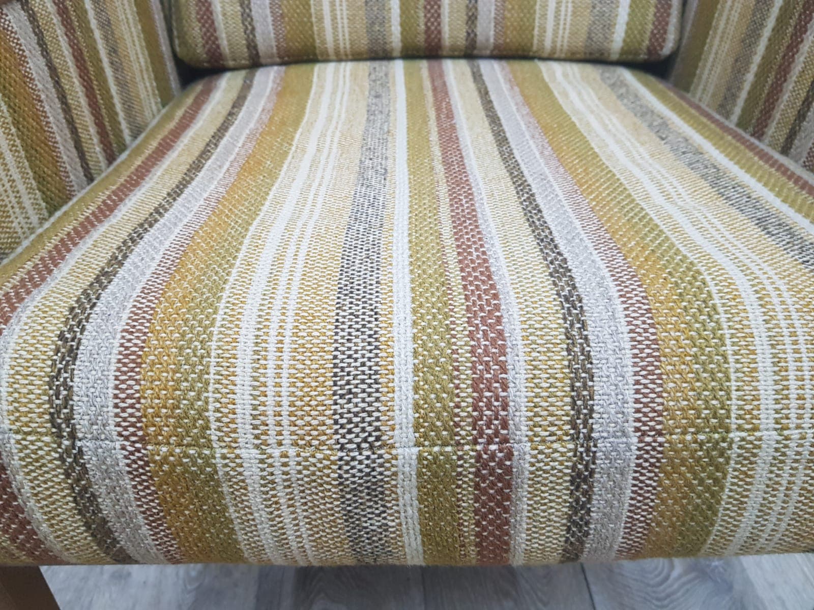 Armchair Casala, fabric stripes mustard yellow green beige brown, wood brown, Casala - 350668