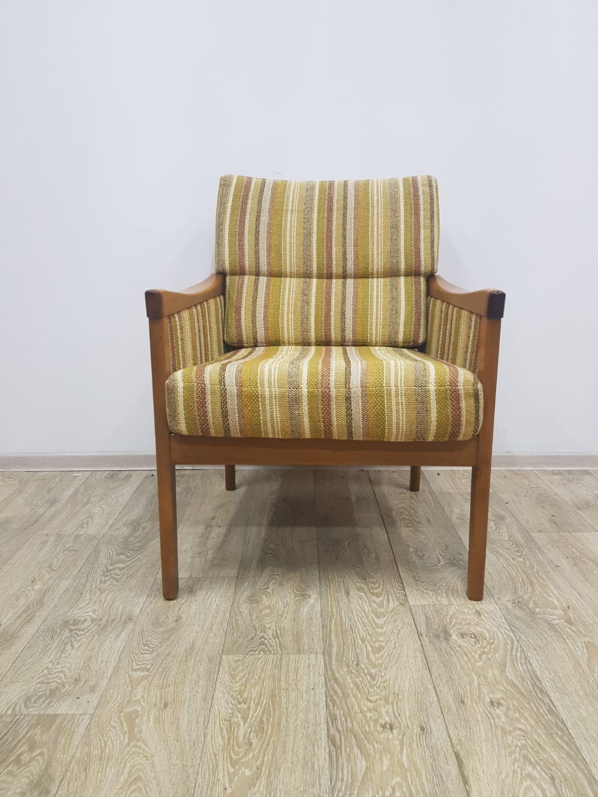 Armchair Casala, fabric stripes mustard yellow green beige brown, wood brown, Casala - 350677