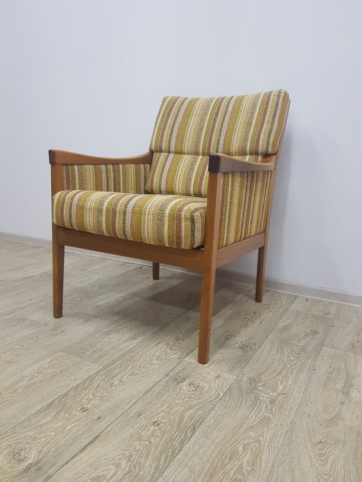 Armchair Casala, fabric stripes mustard yellow green beige brown, wood brown, Casala - 350673