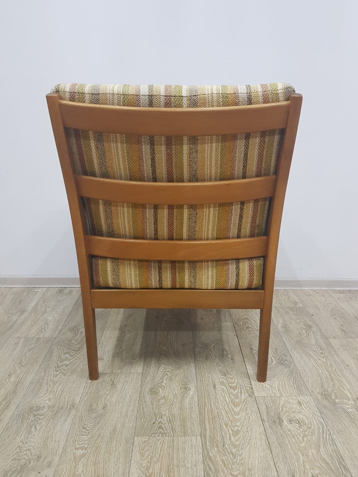 Armchair Casala, fabric stripes mustard yellow green beige brown, wood brown, Casala - 350674
