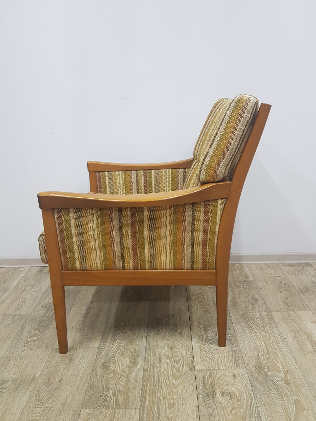 Armchair Casala, fabric stripes mustard yellow green beige brown, wood brown, Casala - 350675
