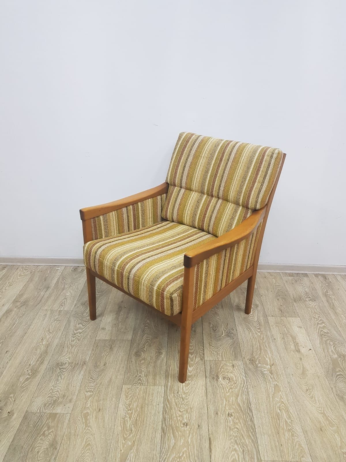 Armchair Casala, fabric stripes mustard yellow green beige brown, wood brown, Casala - 350670