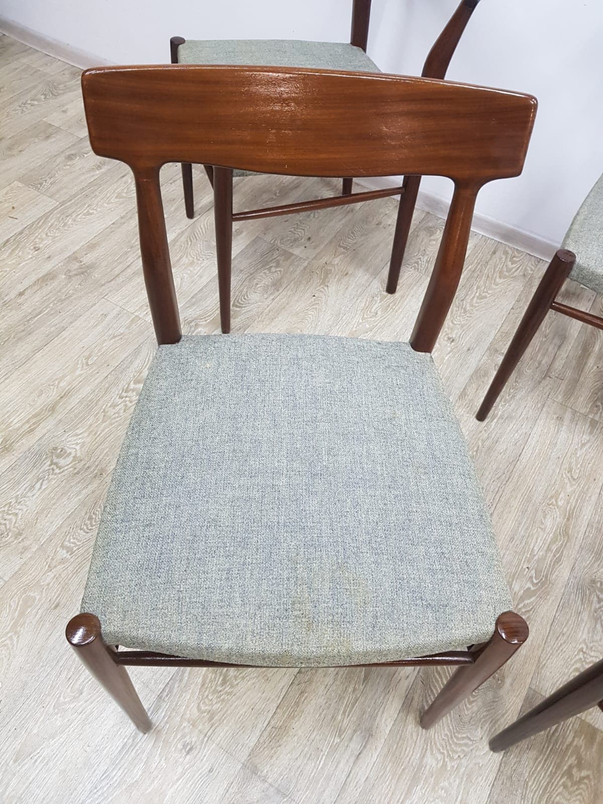Set of five dining chairs, 603, teak brown, fabric grey-green, by G. Herkströter, Lübke - 350681