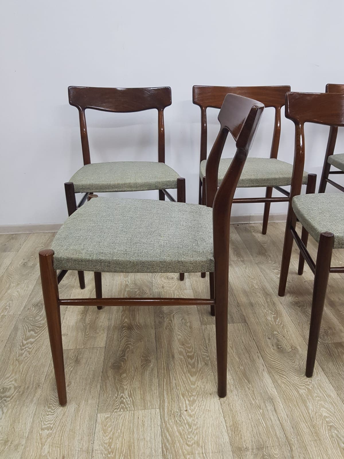 Set of five dining chairs, 603, teak brown, fabric grey-green, by G. Herkströter, Lübke - 350686