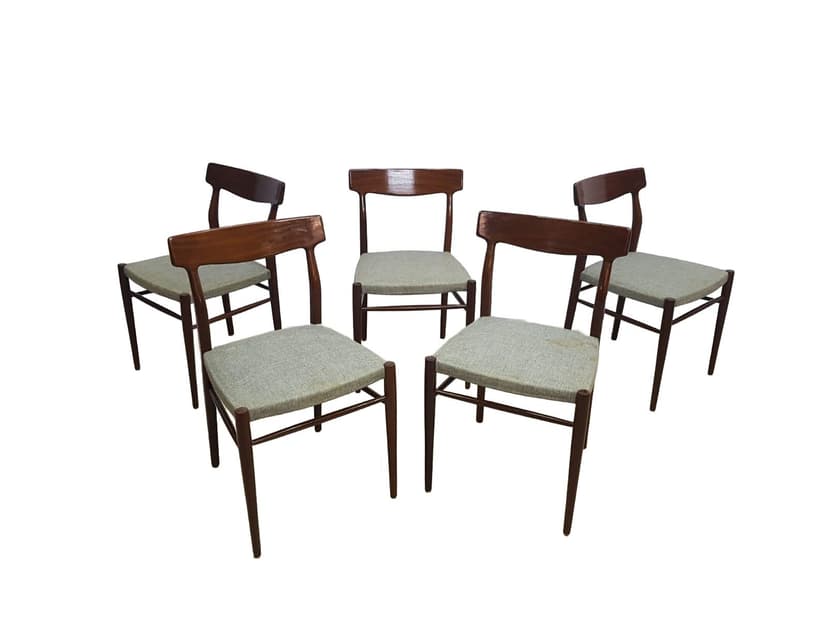 Set of five dining chairs, 603, teak brown, fabric grey-green, by G. Herkströter, Lübke
