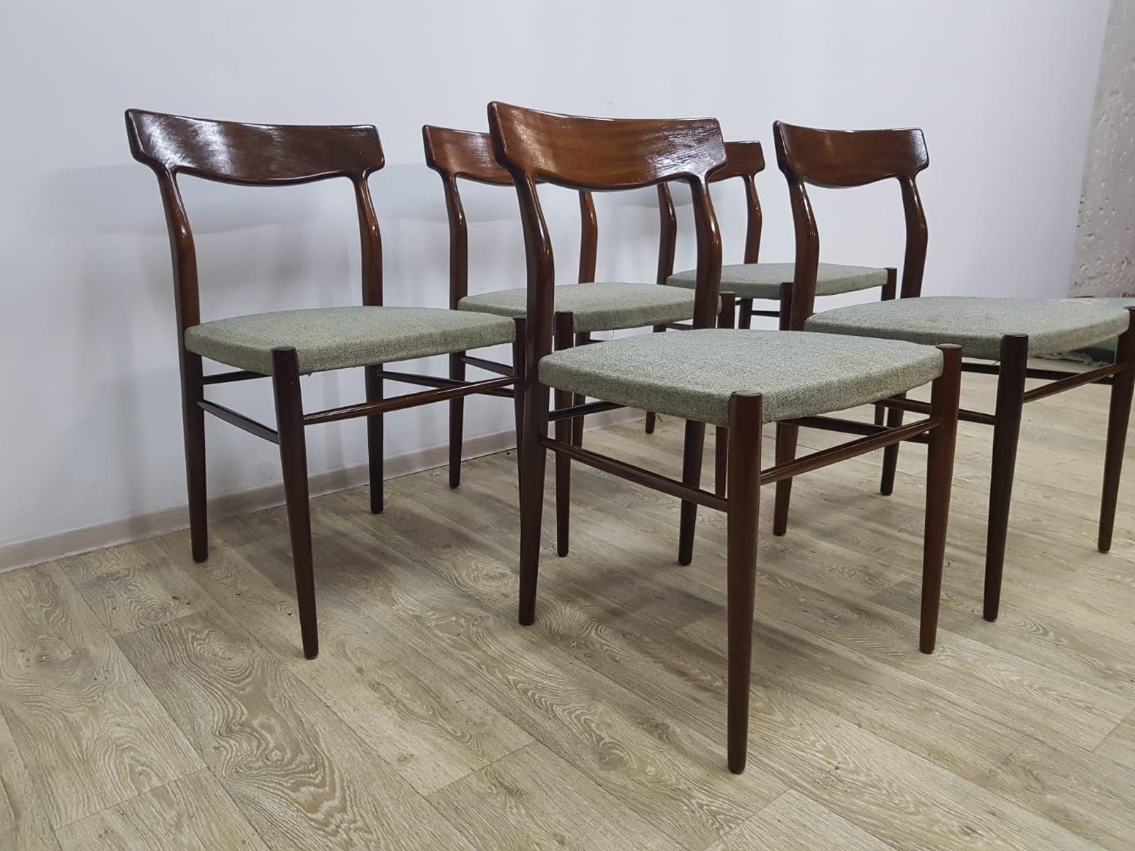 Set of five dining chairs, 603, teak brown, fabric grey-green, by G. Herkströter, Lübke - 350689