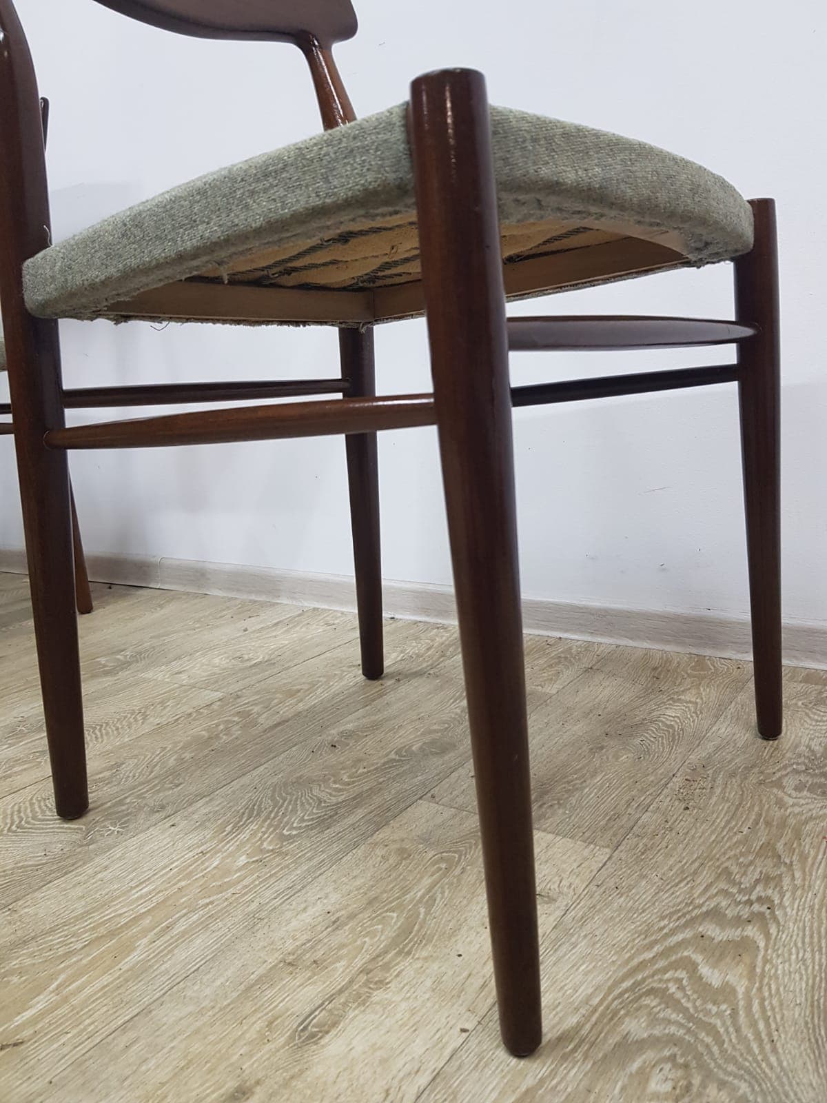 Set of five dining chairs, 603, teak brown, fabric grey-green, by G. Herkströter, Lübke - 350687