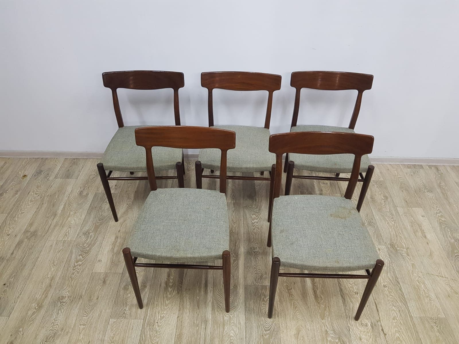 Set of five dining chairs, 603, teak brown, fabric grey-green, by G. Herkströter, Lübke - 350678