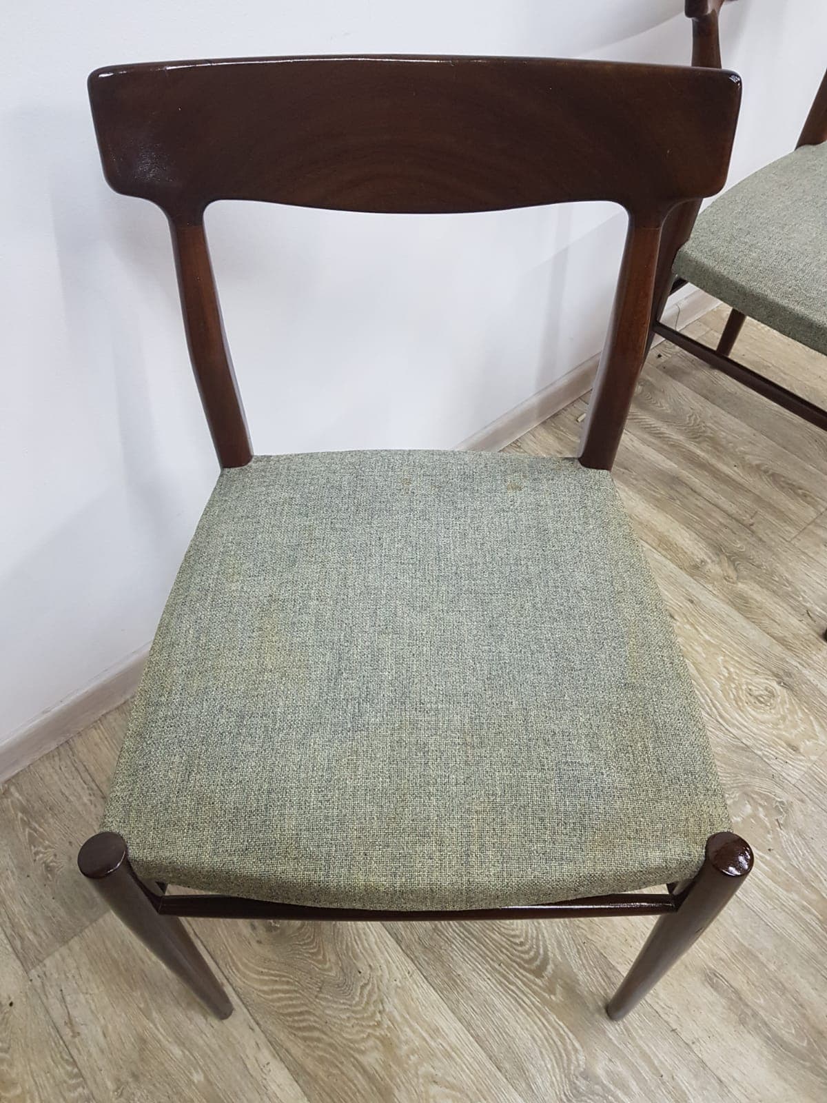 Set of five dining chairs, 603, teak brown, fabric grey-green, by G. Herkströter, Lübke - 350685