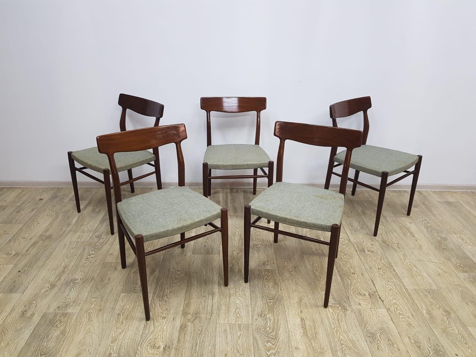 Set of five dining chairs, 603, teak brown, fabric grey-green, by G. Herkströter, Lübke - 350680
