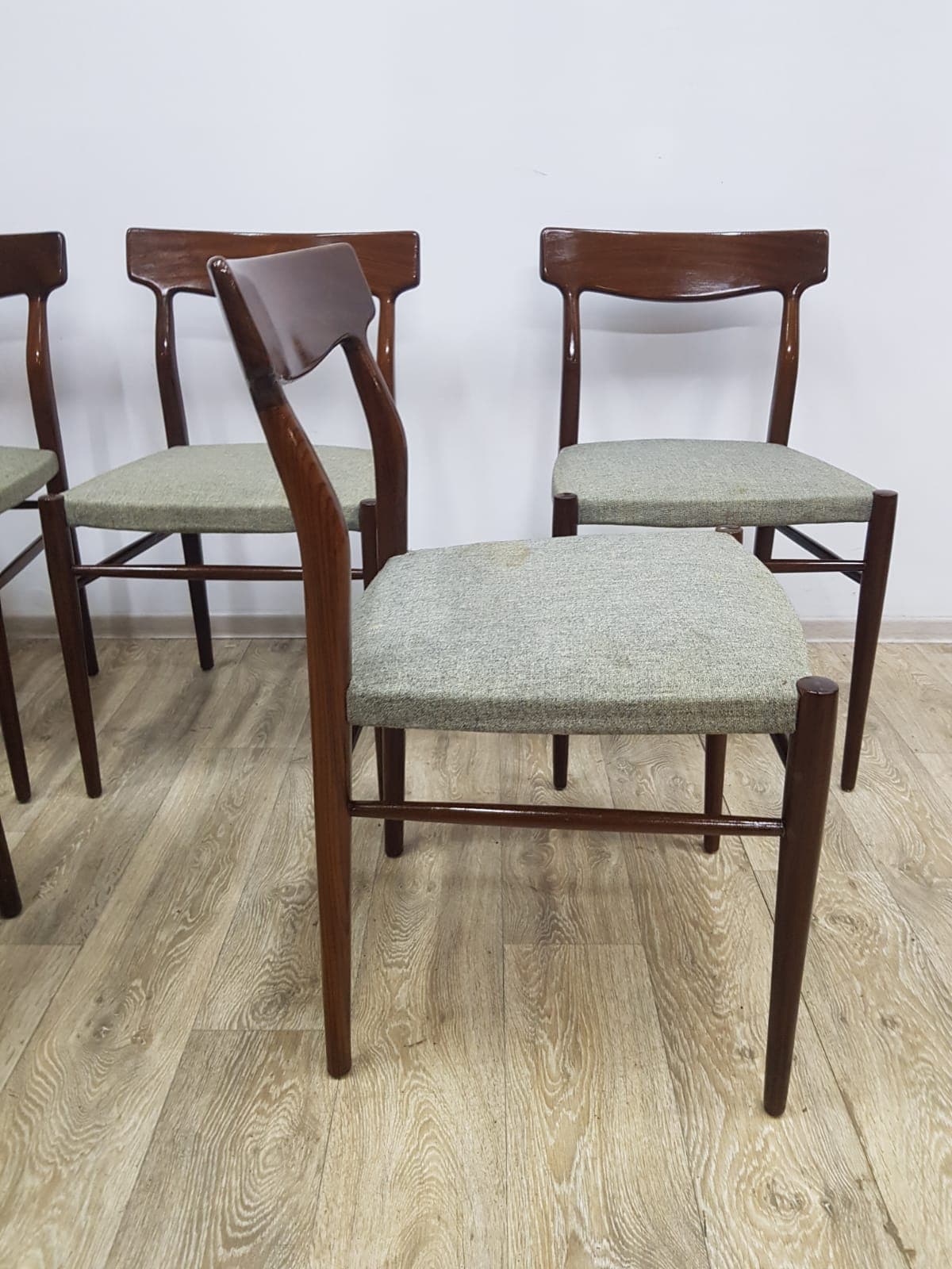 Set of five dining chairs, 603, teak brown, fabric grey-green, by G. Herkströter, Lübke - 350688