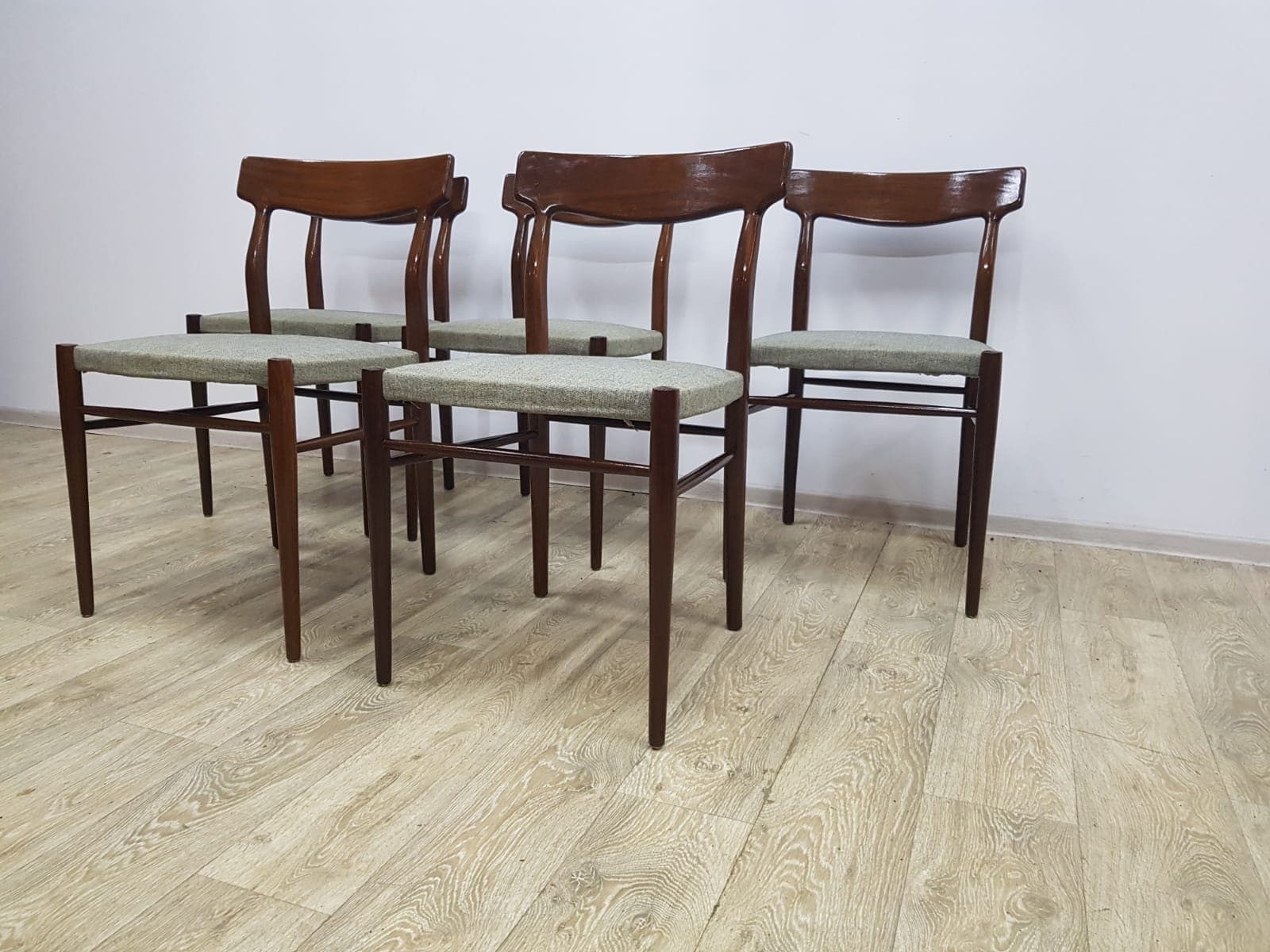 Set of five dining chairs, 603, teak brown, fabric grey-green, by G. Herkströter, Lübke - 350690