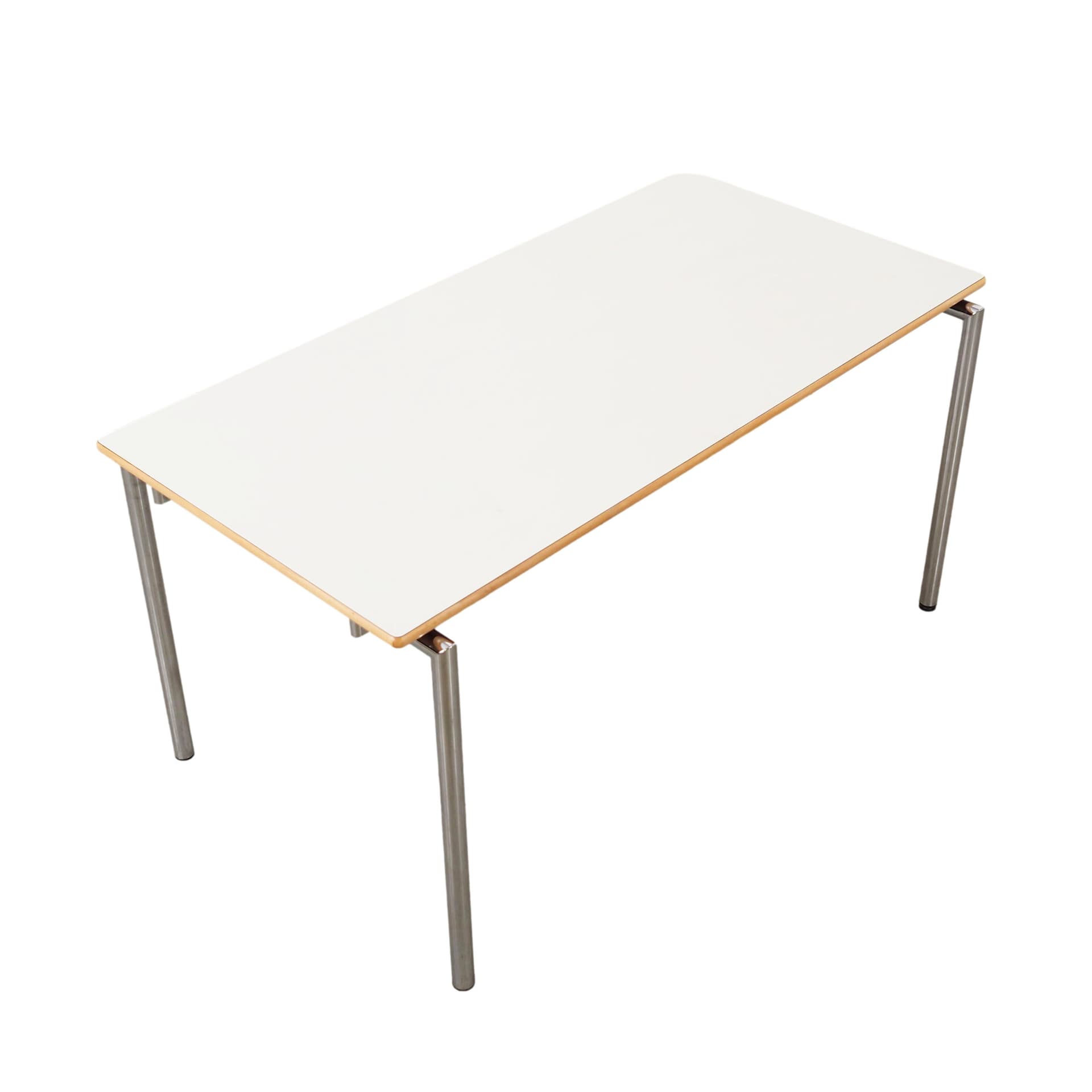 Rectangular table, white laminate, light wood, silver metal, Randers Møbelfabrik, Denmark, 2000