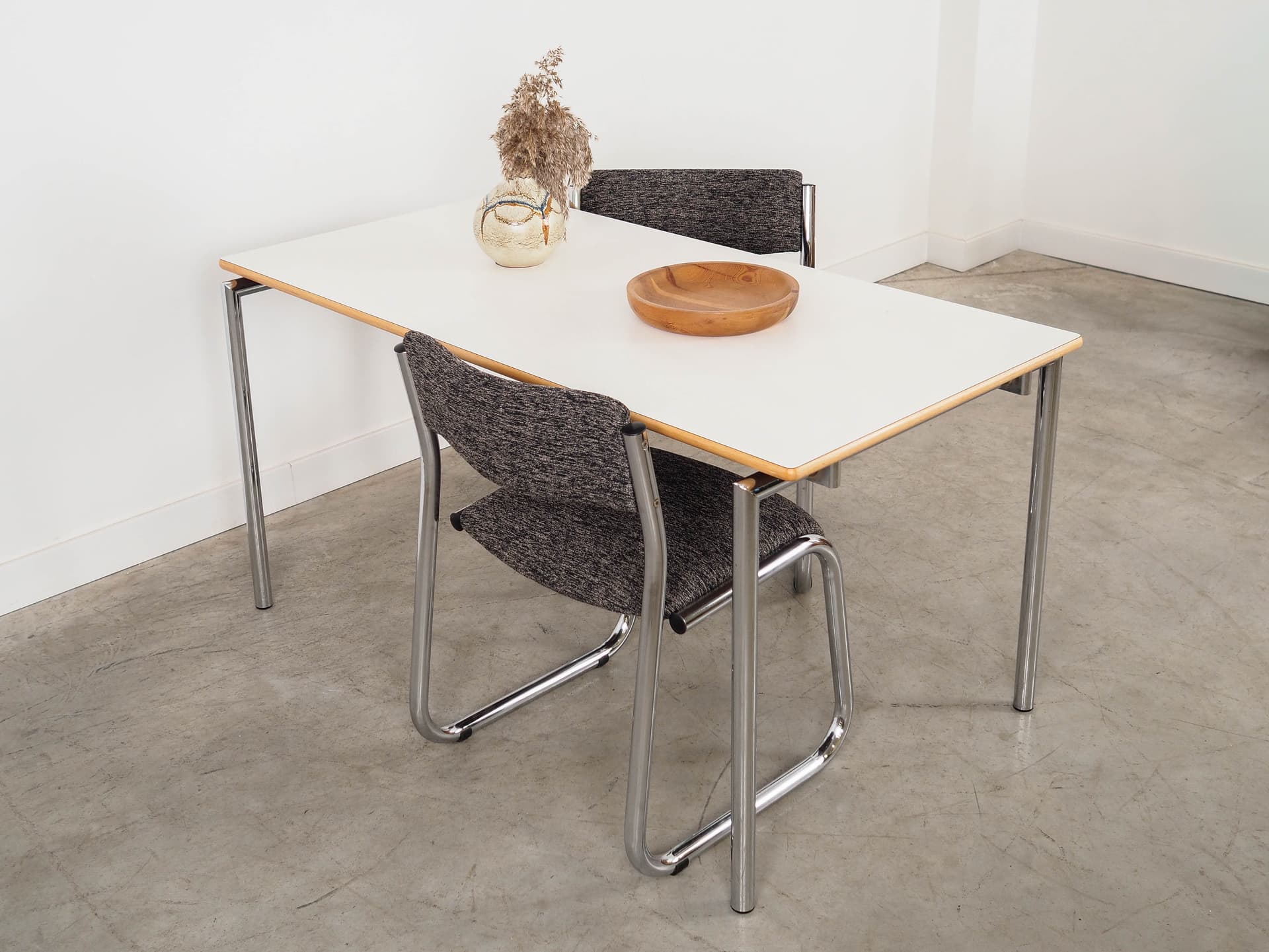 Rectangular table, white laminate, light wood, silver metal, Randers Møbelfabrik, Denmark, 2000 - 350813