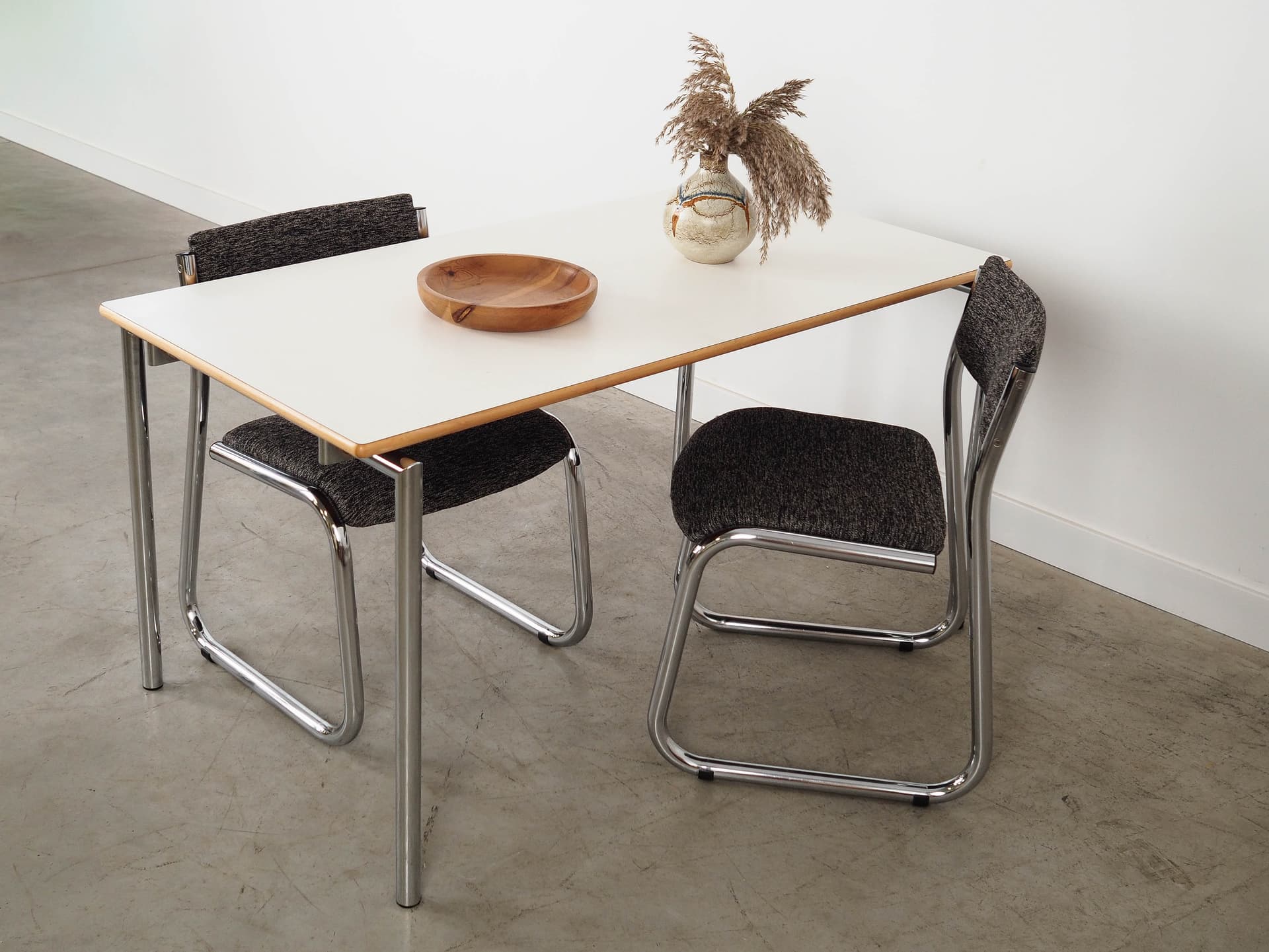 Rectangular table, white laminate, light wood, silver metal, Randers Møbelfabrik, Denmark, 2000 - 350814