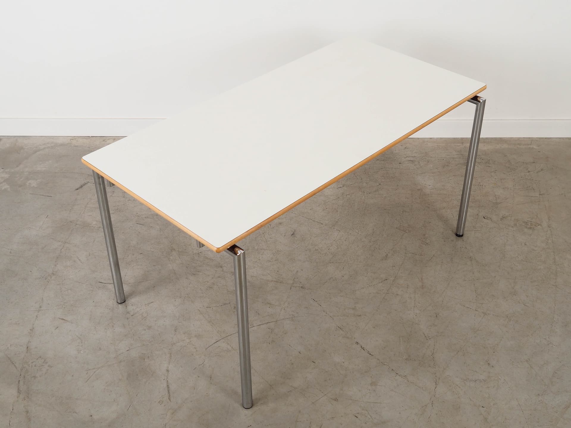 Rectangular table, white laminate, light wood, silver metal, Randers Møbelfabrik, Denmark, 2000 - 350815