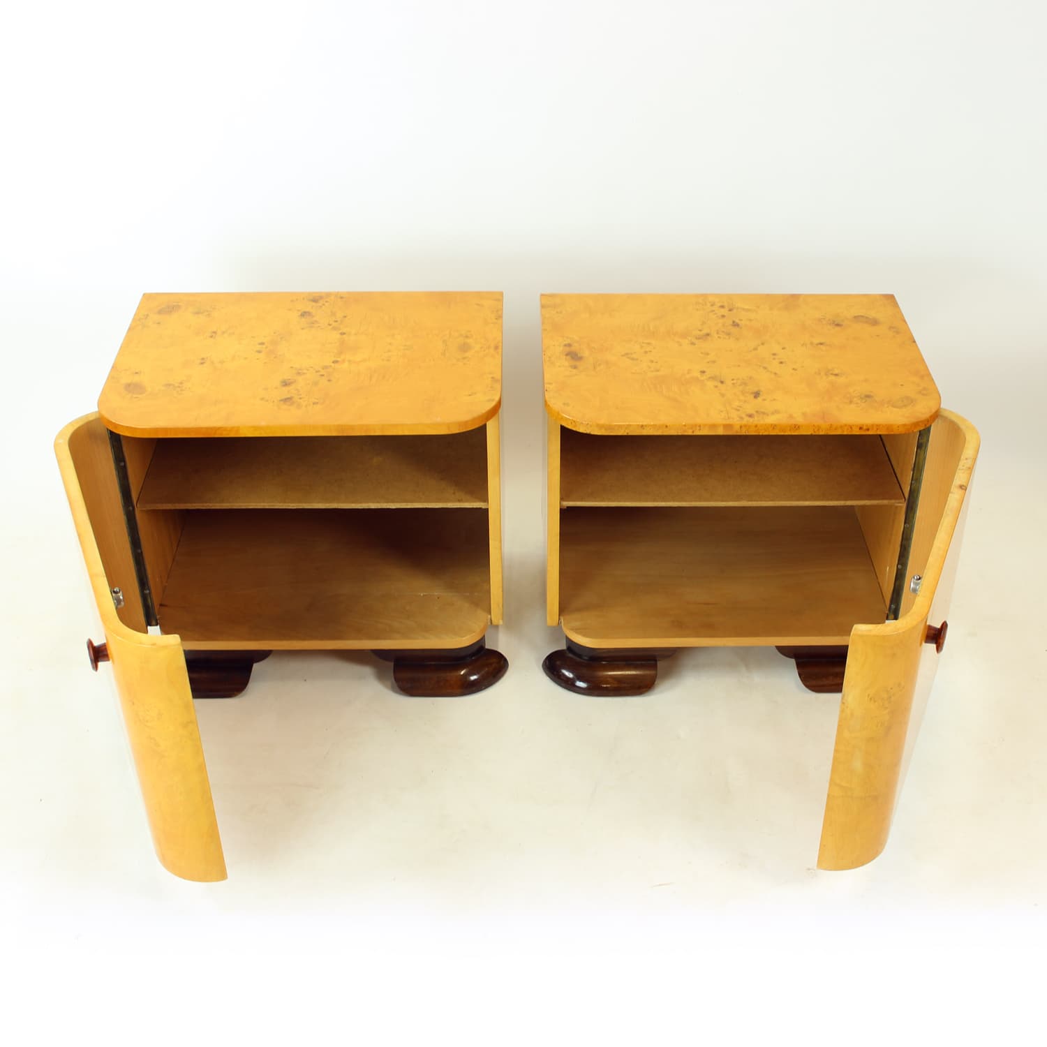 Pair of nightstands Art Deco, brown root veneer, gold wood, Czechoslovakia, 1940s. - 350885
