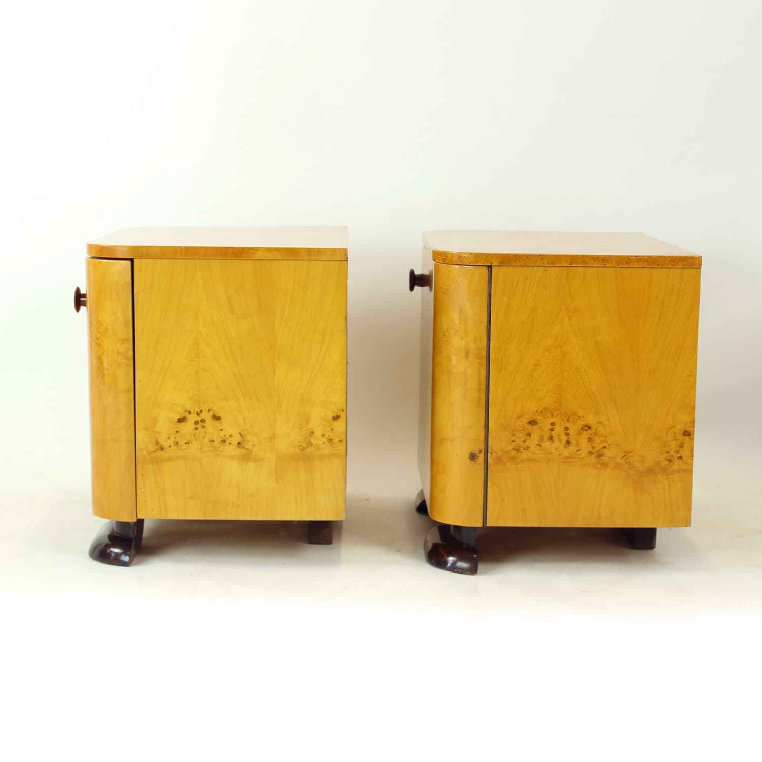 Pair of nightstands Art Deco, brown root veneer, gold wood, Czechoslovakia, 1940s. - 350886