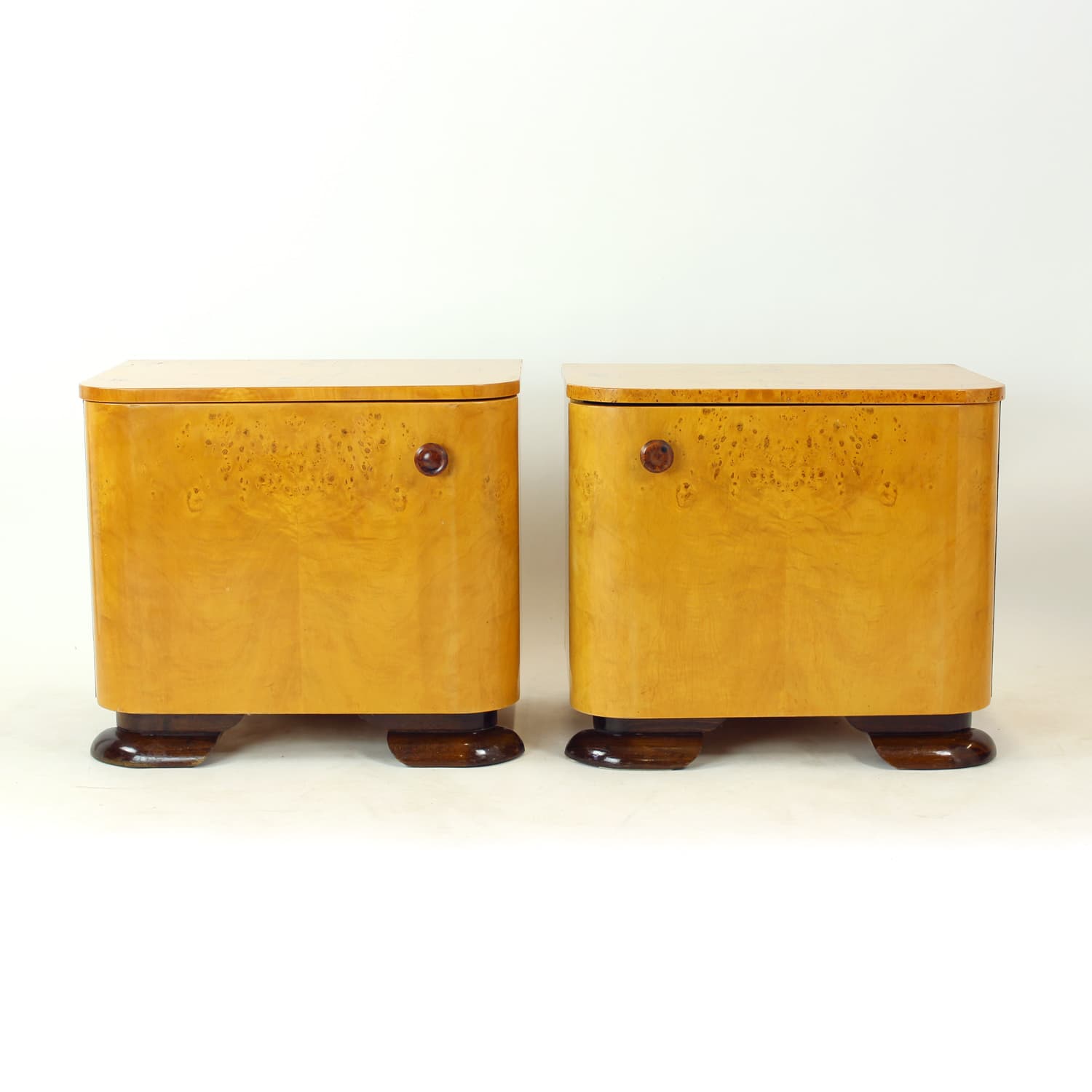 Pair of nightstands Art Deco, brown root veneer, gold wood, Czechoslovakia, 1940s. - 350883