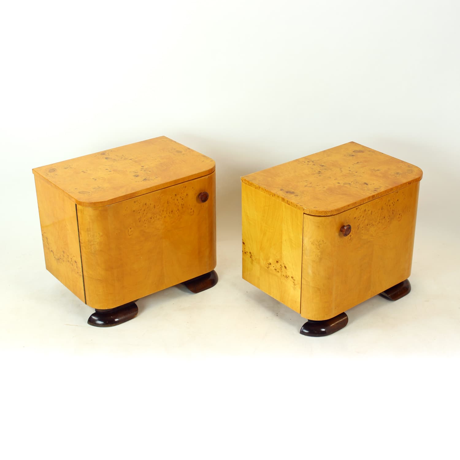 Pair of nightstands Art Deco, brown root veneer, gold wood, Czechoslovakia, 1940s. - 350882