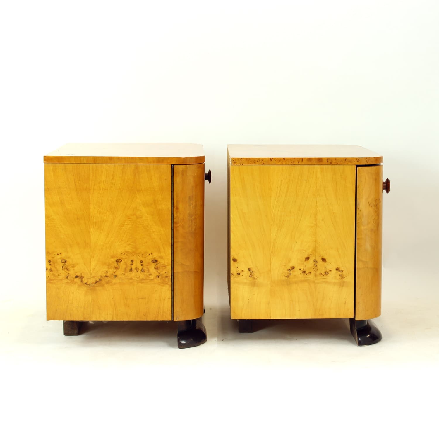 Pair of nightstands Art Deco, brown root veneer, gold wood, Czechoslovakia, 1940s. - 350889