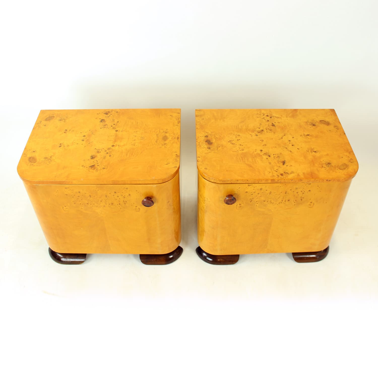Pair of nightstands Art Deco, brown root veneer, gold wood, Czechoslovakia, 1940s. - 350891