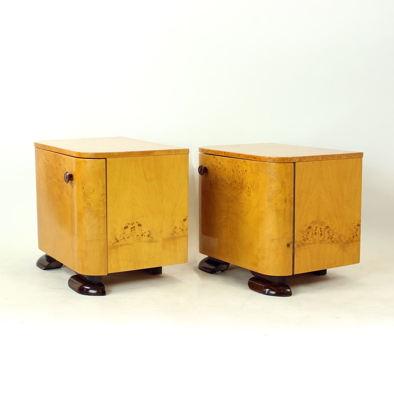 Pair of nightstands Art Deco, brown root veneer, gold wood, Czechoslovakia, 1940s. - 350887