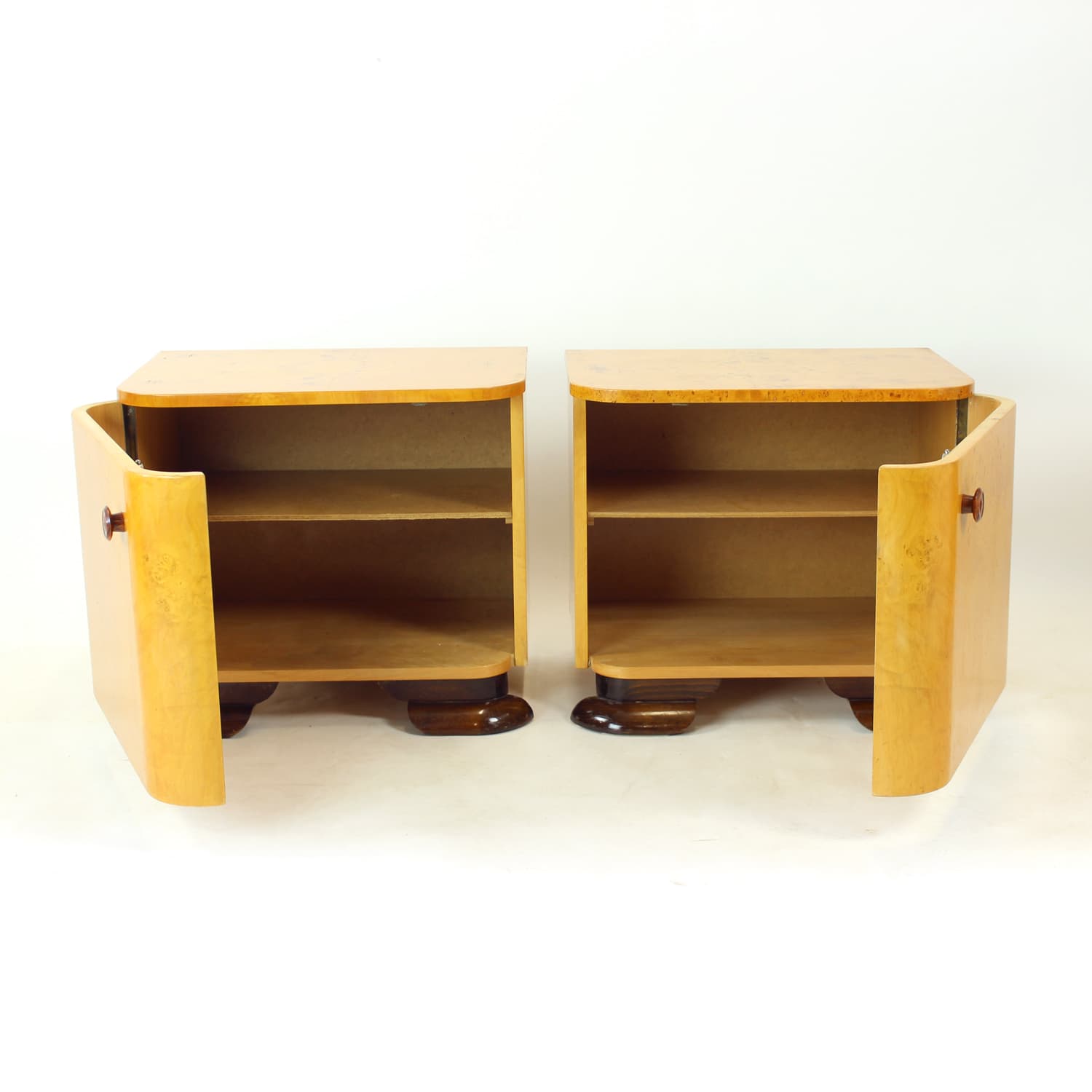 Pair of nightstands Art Deco, brown root veneer, gold wood, Czechoslovakia, 1940s. - 350881