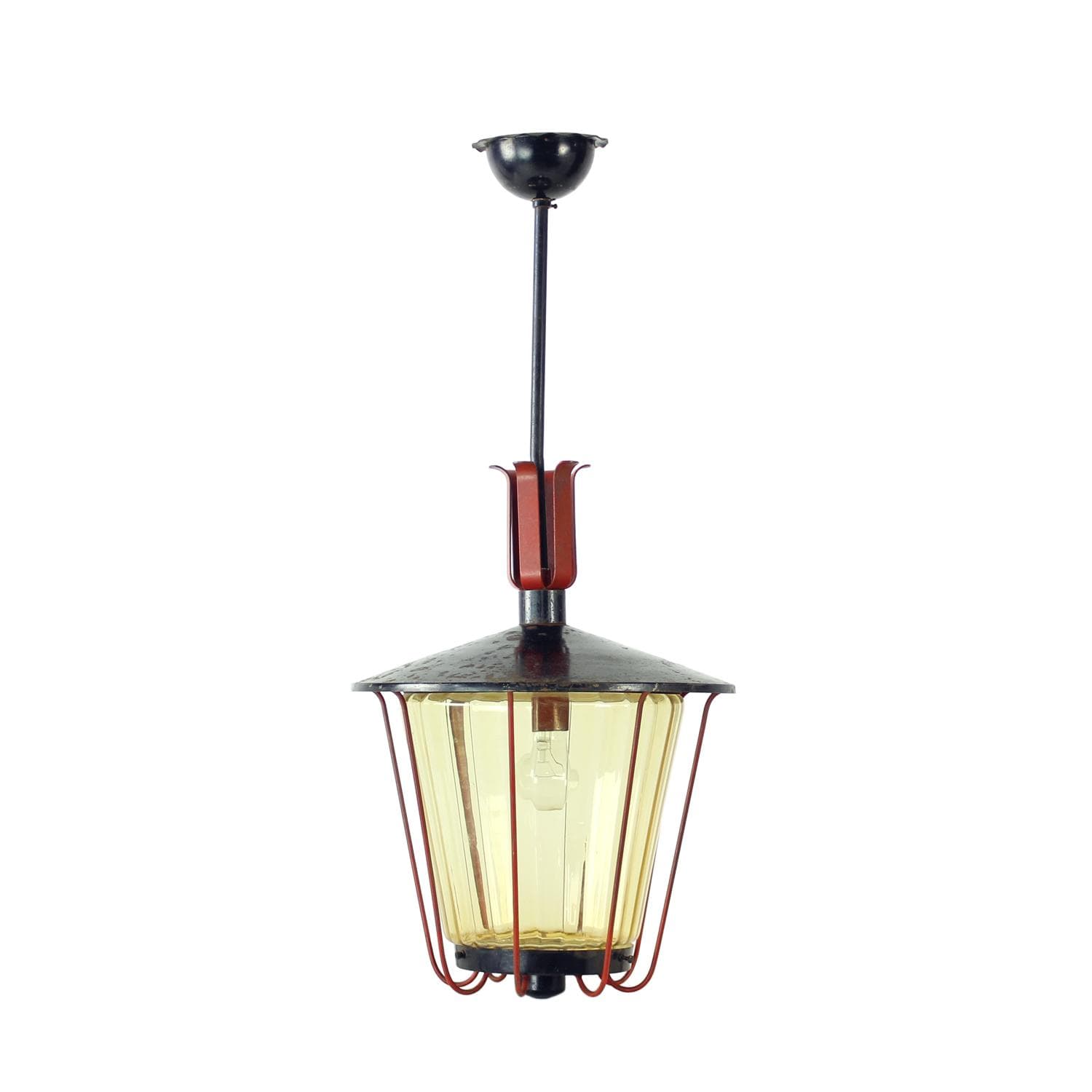 Railway pendant lamp, black steel, red glass, Czechoslovakia, 1940s.