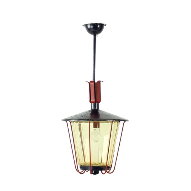 Railway pendant lamp, black steel, red glass, Czechoslovakia, 1940s. - DIMENSION