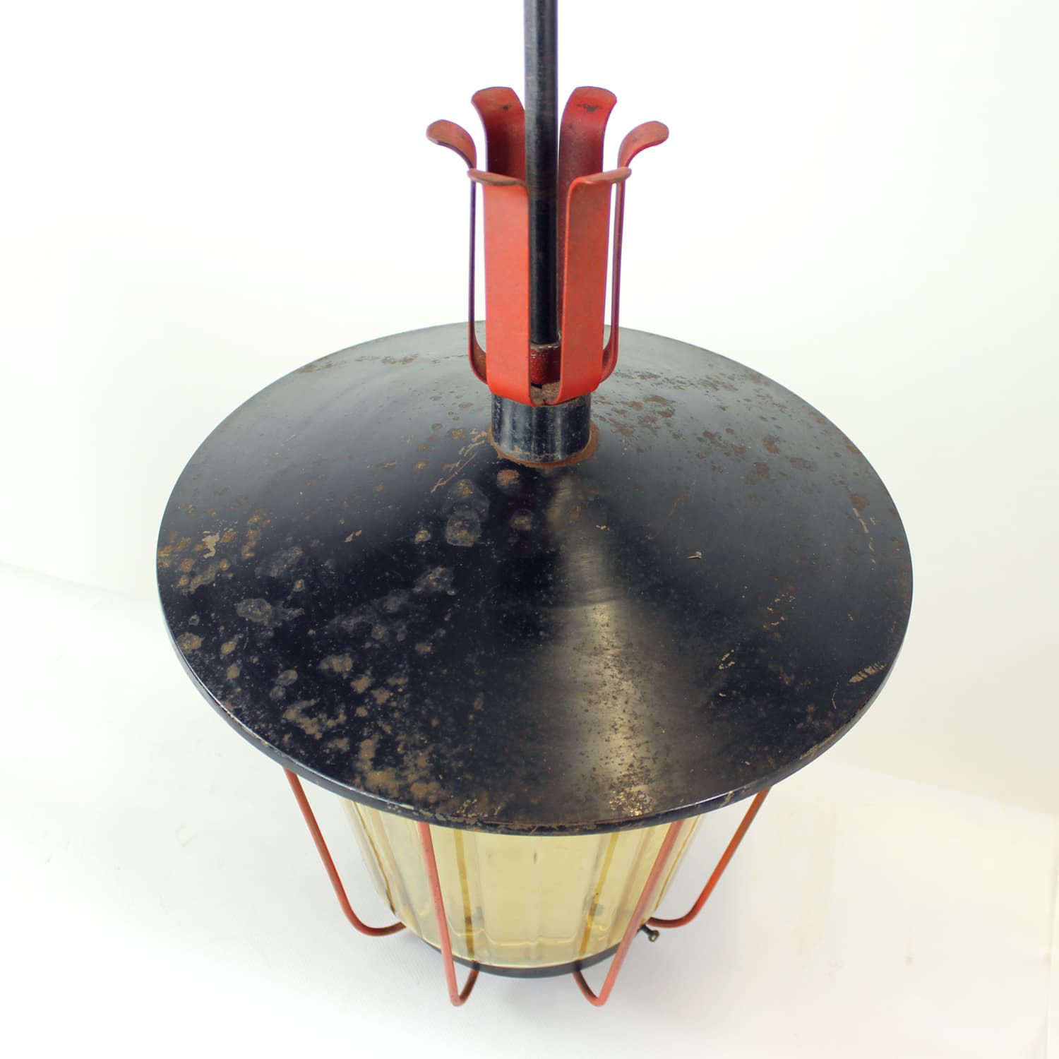 Railway pendant lamp, black steel, red glass, Czechoslovakia, 1940s. - 350899